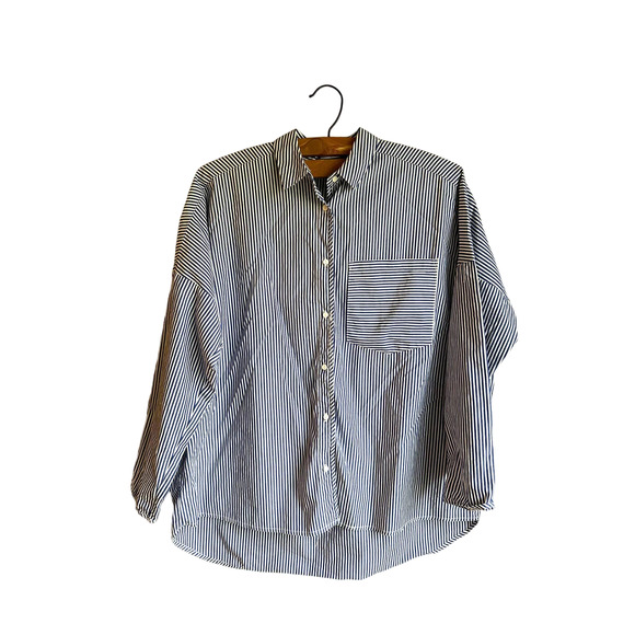 Stradivarius Womens Shirt Button Up Long Sleeves Hi-Low Striped Blue‎ White XS - Picture 1 of 3